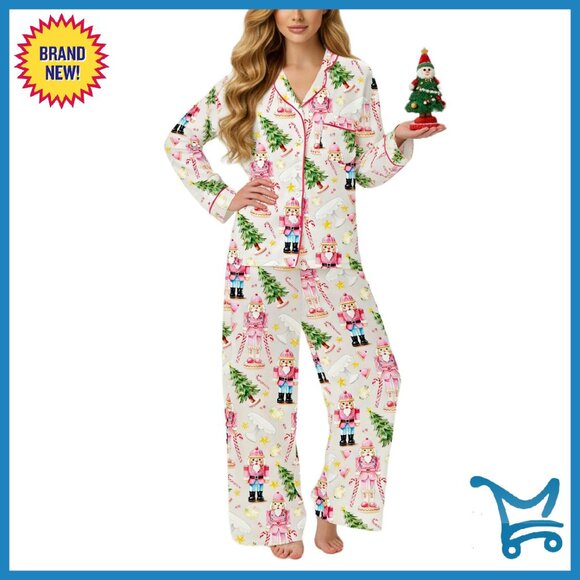 Silk Satin Christmas Pajama Set Long Sleeve Button Down Shirt Wide Leg Pants